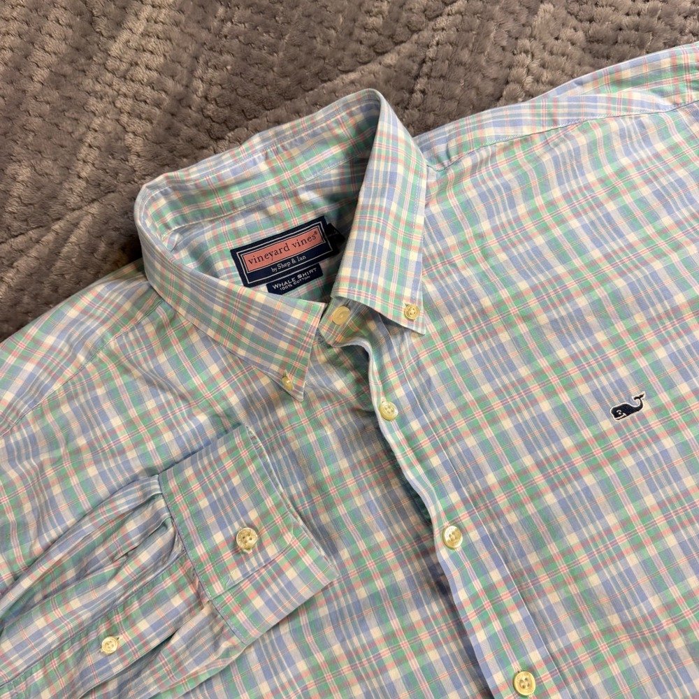 Vineyard Vines Mens Whale Shirt Pastel Plaid Button Down Blue Green Pink XXL